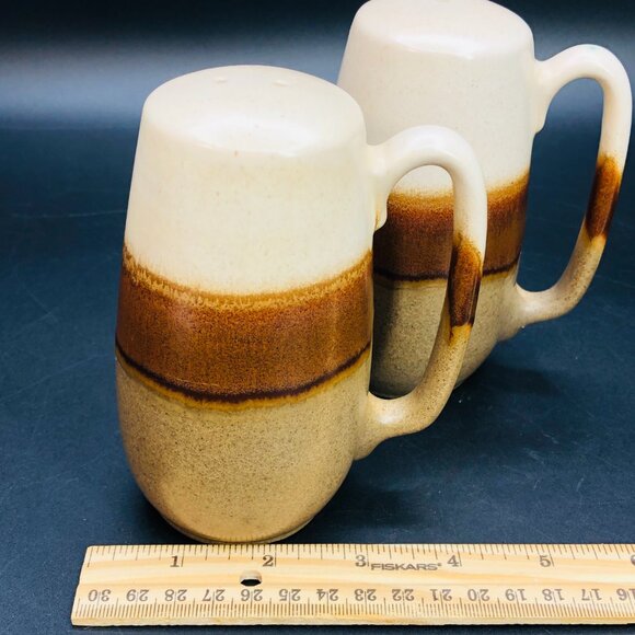 70s BEAUCE Ceramic Oversized Salt Pepper Shaker Set with Handle, Retro Boho - Picture 9 of 10